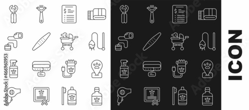 Set line Dog medicine bottle, Location pet grooming, Pet toy, Grooming salon price list, Nail file, Retractable cord leash, nail clippers and stroller icon. Vector