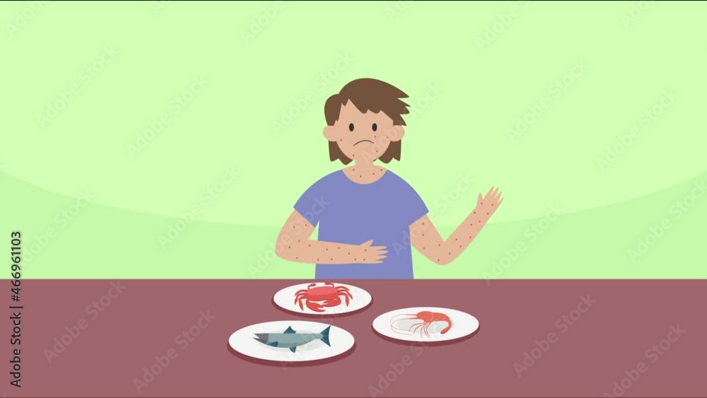 Young woman suffering skin allergy of sea food Young woman suffering skin allergy of sea food