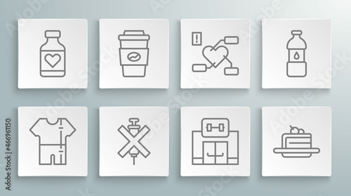 Set line Sport track suit, Coffee cup to go, No doping syringe, Gym building, Cake, Attention health heart, Bottle water and Vitamin pill icon. Vector