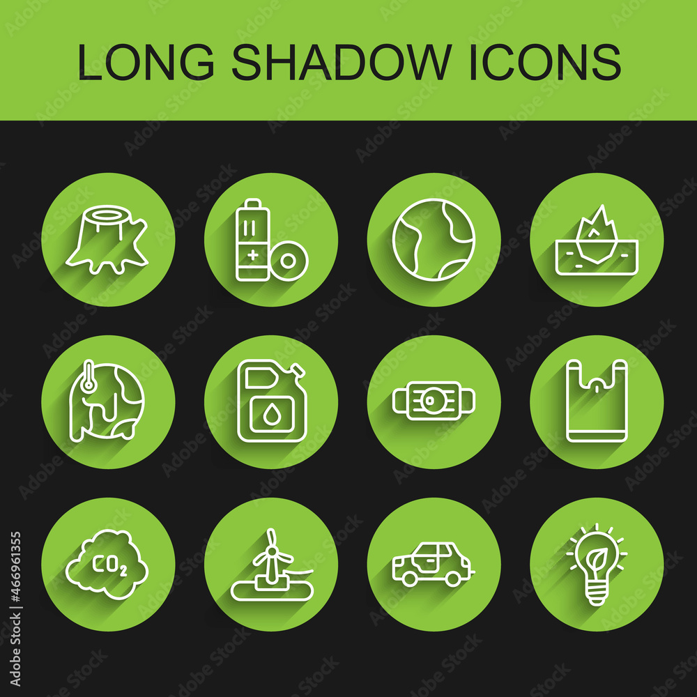 Set line CO2 emissions in cloud, Wind turbine, Tree stump, Car, Light bulb with leaf, Canister for gasoline, Plastic bag and Medical protective mask icon. Vector Set line CO2 emissions in cloud, Wind turbine, Tree stump, Car, Light bulb with leaf, Canister for gasoline, Plastic bag and Medical protective mask icon. Vector