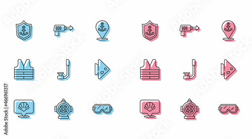 Set line Scallop sea shell, Aqualung, Anchor inside shield, Diving mask, Snorkel, Fish, Life jacket and Fishing harpoon icon. Vector