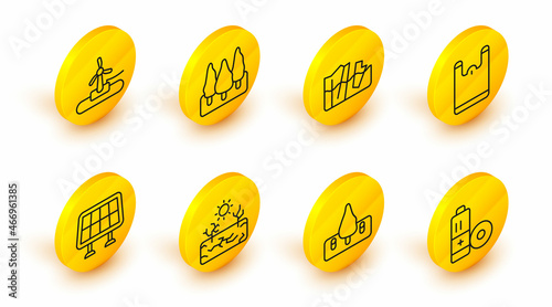 Set line Battery, Deforestation, Drought, Solar energy panel, Plastic bag, Glacier melting, Forest and Wind turbine icon. Vector