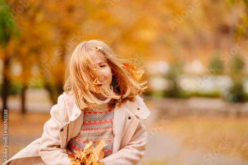 cheerful and sweet little girl plays fallen autumn leaves. 