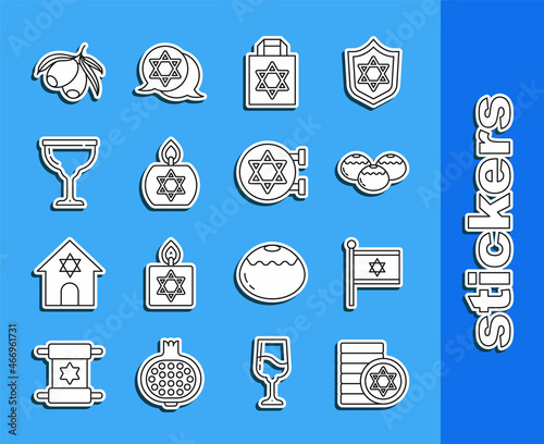 Set line Jewish coin, Flag of Israel, sweet bakery, Shopping bag with star david, Burning candle, goblet, Olives branch and synagogue icon. Vector