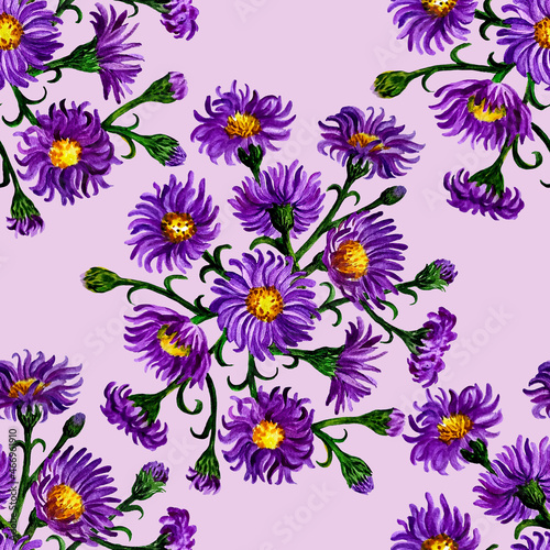 purple autumn flowers, watercolor patern 