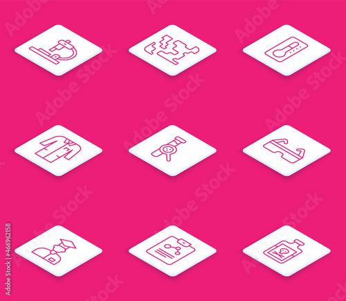 Set line Microscope, Gaseous, Medical thermometer, Laboratory uniform, Test tube and flask, Safety goggle glasses, assistant and Chemistry report icon. Vector