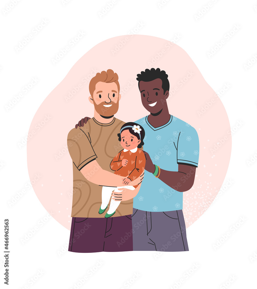 Gay parents concept. Vector cartoon illustration of two handsome diverse  embarrassing men holding a child in trendy flat style. Isolated on  background Stock Vector | Adobe Stock