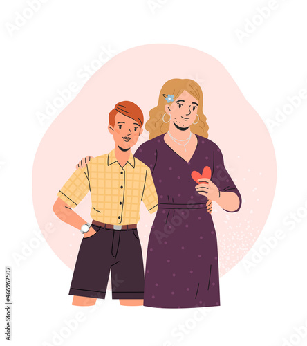 Non-binary couple. Vector cartoon illustration of two handsome hugging people of indeterminate gender in trendy flat style. Isolated on background