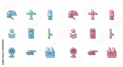 Set line Target sport, Military tank, helmet, Bulletproof vest, Dynamite and timer clock, Police rubber baton, rank and Jet fighter icon. Vector