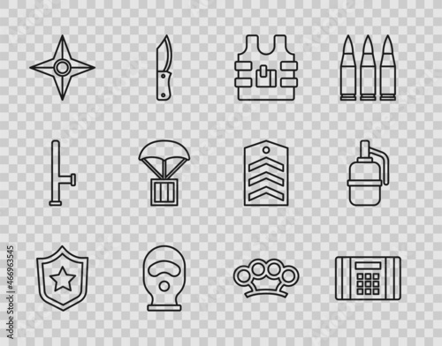 Set line Military reward medal, Dynamite bomb, Bulletproof vest, Balaclava, Japanese ninja shuriken, Airdrop box, Brass knuckles and Hand grenade icon. Vector