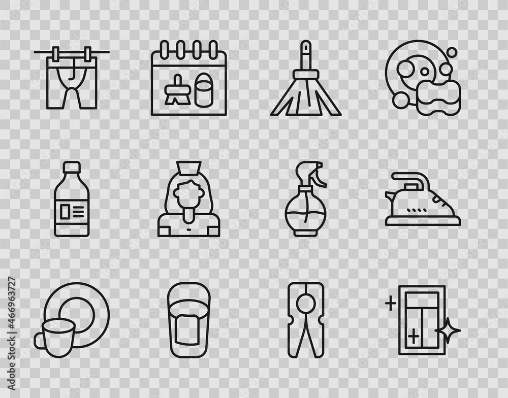 Set line Washing dishes, Cleaning service for window, Handle broom, Bucket with rag, Drying clothes, lady, Clothes pin and Electric iron icon. Vector Set line Washing dishes, Cleaning service for window, Handle broom, Bucket with rag, Drying clothes, lady, Clothes pin and Electric iron icon. Vector