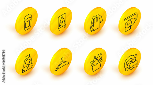Set line Washing dishes, Basin with soap suds, Hanger wardrobe, Cleaning lady service, Toilet paper roll, Wet floor and Bucket rag icon. Vector
