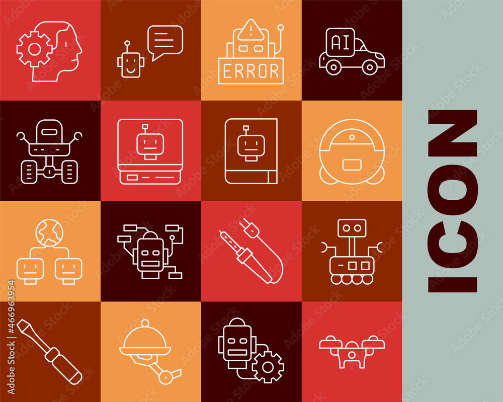 Set line Drone, Robot, vacuum cleaner, Error in robot, Mars rover, Humanoid and User manual icon. Vector Set line Drone, Robot, vacuum cleaner, Error in robot, Mars rover, Humanoid and User manual icon. Vector