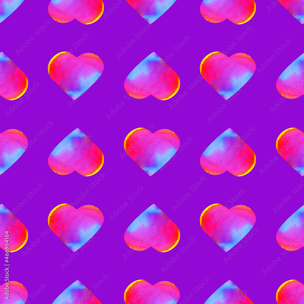 Watercolor neon rainbow hearts on purple background, love symbol seamless pattern. 