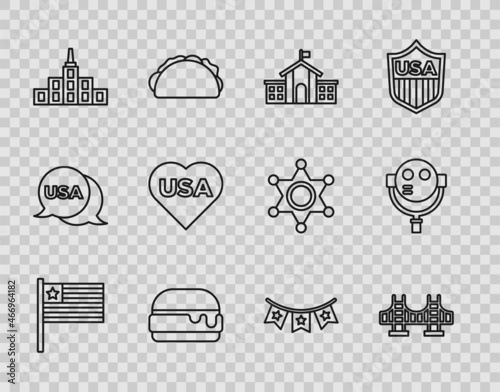Set line American flag, Golden gate bridge, United States Capitol Congress, Burger, City landscape, USA Independence day, Carnival garland with flags and Tourist binoculars icon. Vector