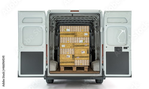 cargo van with pallets of goods inside.