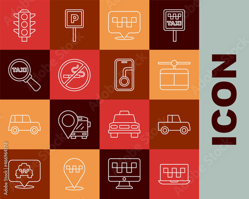 Set line Laptop call taxi service, Car, Cable car, Location with, No Smoking, Magnifying glass and, Traffic light and City map navigation icon. Vector