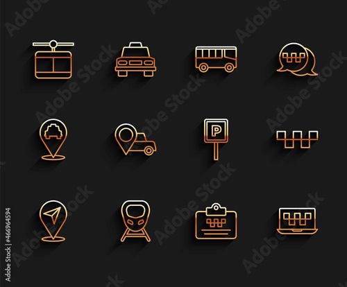 Set line Location, High-speed train, Cable car, Taxi driver license, Laptop call taxi service, with, roof and Parking icon. Vector
