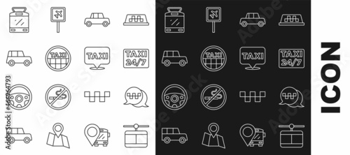 Set line Cable car, Taxi call telephone service, Location with taxi, Car, roof, Tram and railway and icon. Vector
