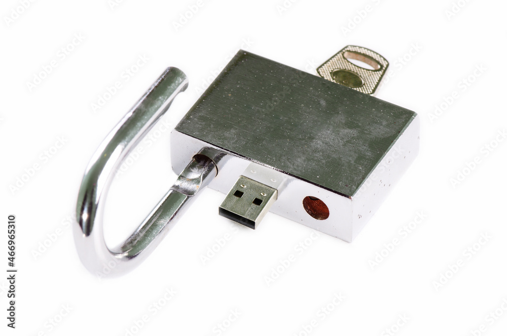 Data security concept. USB connector to a padlock, implying data security for the computers. Isolated on white background. Data security concept. USB connector to a padlock, implying data security for the computers. Isolated on white background.