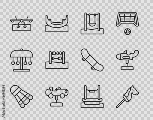 Set line Badminton shuttlecock, Toy horse, Swing, car, Seesaw, Abacus, Bungee and plane icon. Vector