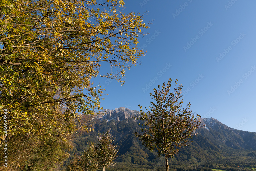 Schaan, Liechtenstein, October 14, 2021 Majestic mountain panorama on a sunny day