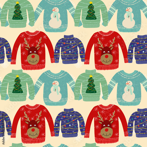 Seamless pattern with ugly sweaters illustration on a light background with snowflakes