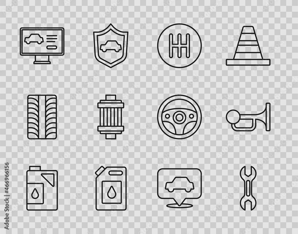 Set line Canister for motor oil, Wrench spanner, Gear shifter, Diagnostics condition of car, Car air filter, service and Signal horn vehicle icon. Vector Set line Canister for motor oil, Wrench spanner, Gear shifter, Diagnostics condition of car, Car air filter, service and Signal horn vehicle icon. Vector