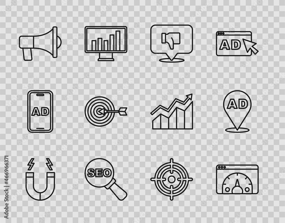 Set line Magnet, Website statistic, Dislike in speech bubble, SEO optimization, Megaphone, Target, and Advertising icon. Vector Set line Magnet, Website statistic, Dislike in speech bubble, SEO optimization, Megaphone, Target, and Advertising icon. Vector
