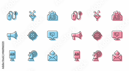 Set line Advertising, Chess, Mail and e-mail, Target, Dislike speech bubble, Megaphone and Lead management icon. Vector
