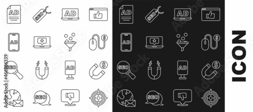 Set line Target, Magnet with money, Advertising, Laptop star, and Lead management icon. Vector