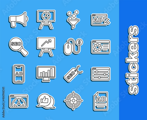 Set line Advertising, Browser setting, Lead management, Board with graph chart, SEO optimization, Megaphone and icon. Vector