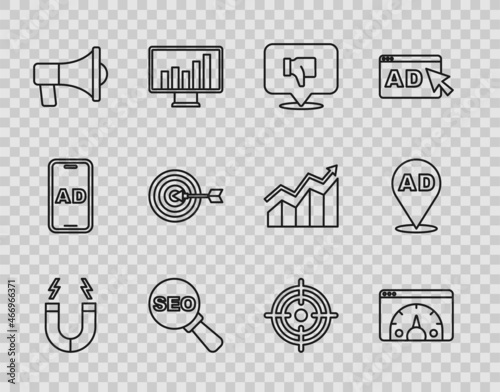 Set line Magnet, Website statistic, Dislike in speech bubble, SEO optimization, Megaphone, Target, and Advertising icon. Vector