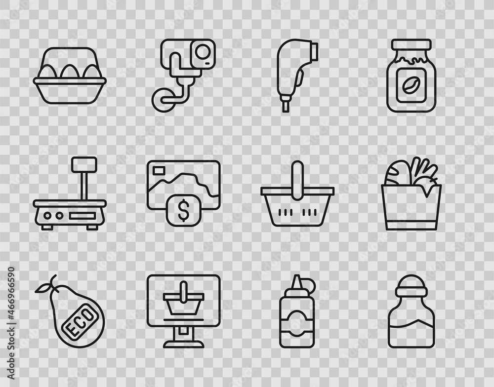 Set line Healthy organic pear, Spice in can, Scanner scanning bar code, Shopping cart on computer, Chicken egg box, Credit card, Sauce bottle and bag and food icon. Vector Set line Healthy organic pear, Spice in can, Scanner scanning bar code, Shopping cart on computer, Chicken egg box, Credit card, Sauce bottle and bag and food icon. Vector