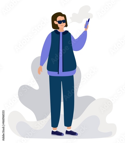 Vaping. A person with a steam vaporizer hookah device. Nicotine consumption with a vape cigarette as a modern addiction. Vector illustration.