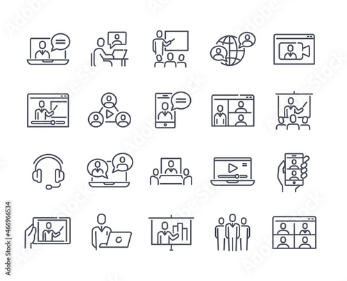 Webinar or online seminar set of icons. Thin stickers with video conference, presentation and remote work. Design elements for apps. Cartoon flat vector collection isolated on white background