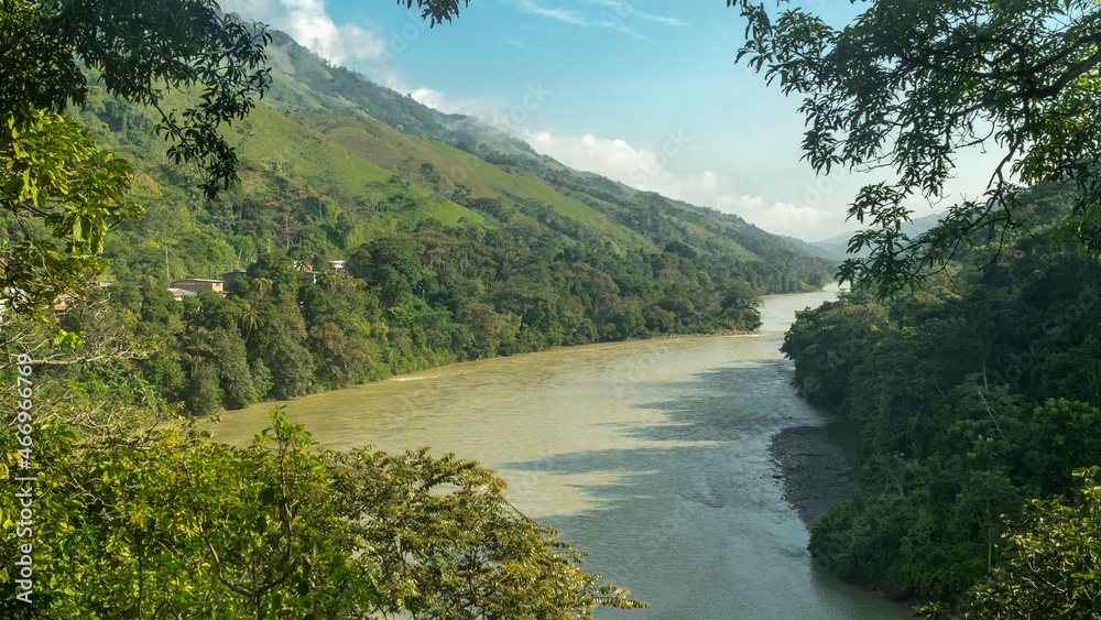 Natural landscape overlooking the Cauca river in Puerto Valdivia, Antioquia, Colombia.