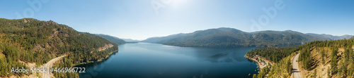 Aerial View of Christina Lake, British Columbia, Canada. Nature Mountain Landscape Background. Summer Sunny Day.