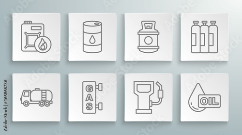 Set line Tanker truck, Barrel oil, Gas filling station, Petrol or gas, Oil drop, Propane tank, Industrial cylinder and Canister for motor icon. Vector