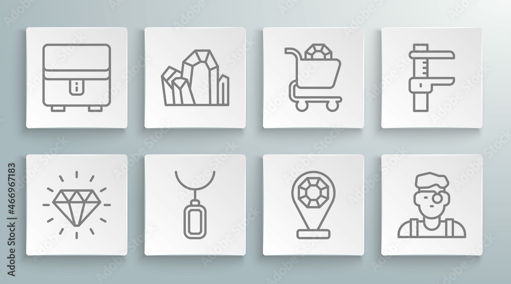 Set line Diamond, Gem stone, Pendant necklace, Jewelry store, Jeweler man, online shopping, Calliper caliper and scale and box icon. Vector Set line Diamond, Gem stone, Pendant necklace, Jewelry store, Jeweler man, online shopping, Calliper caliper and scale and box icon. Vector