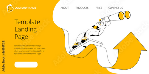 A man in a business suit is surfing on the phone using the arrow from the sales schedule. The concept of a vector template for the first screen of the landing page.