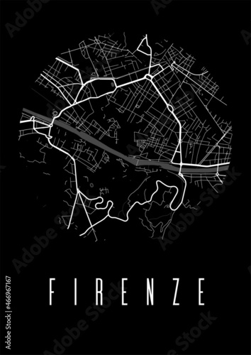 Florence map vector black poster. Round circular view, street map of Florence city A4 illustration.