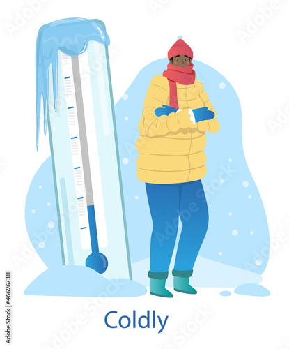 Cold weather concept. Young Man in outerwear, hat and scarf standing next to large thermometer. Low air temperature in winter season. Character freezes. Cartoon modern flat vector illustration