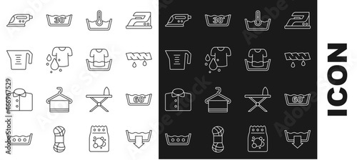 Set line Washing modes, Temperature wash, Squeeze clothes, Dirty t-shirt, Measuring cup, Electric iron and Basin with icon. Vector