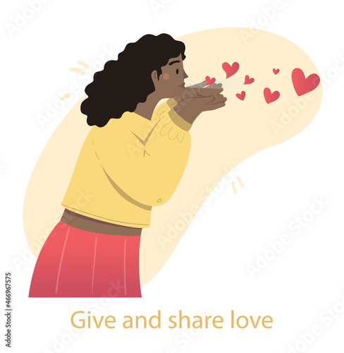 Give and share love concept. Young woman blows kiss in form of small hearts. Kind character provides support, gives positive emotions and feelings. Charity and care. Cartoon flat vector illustration
