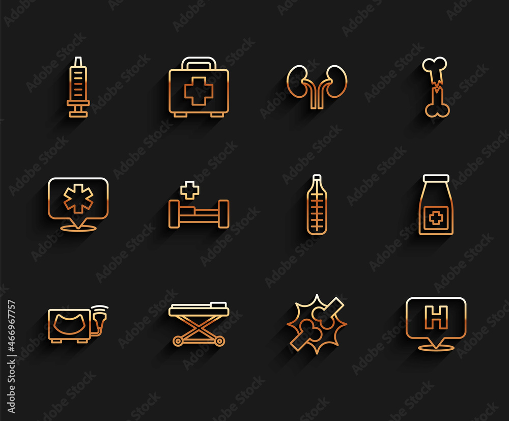 Set line Ultrasound, Stretcher, Syringe, Joint pain, knee pain, Location hospital, Hospital bed, Medicine bottle and pills and Medical thermometer icon. Vector Set line Ultrasound, Stretcher, Syringe, Joint pain, knee pain, Location hospital, Hospital bed, Medicine bottle and pills and Medical thermometer icon. Vector