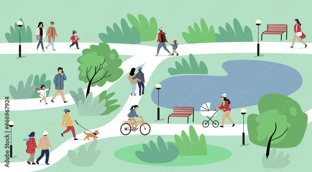 People at park walk leisure outdoor spring time. Cartoon vector characters People at park walk leisure outdoor spring time. Cartoon vector characters