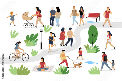 People in park. Men and women crowd walking in summer park. Vector set characters
