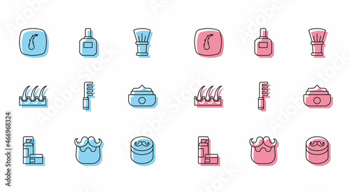 Set line Shaving gel foam, Mustache and beard, Human hair follicle, Gel or wax for styling, Hairbrush, and Aftershave icon. Vector