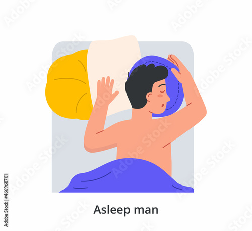 Asleep man concept. Male character lying on soft pillow and covered with soft blanket. Boy lying on bed and recuperating at night. Deep sleep after hard day. Cartoon modern flat vector illustration